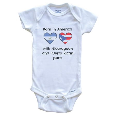 

Born In America With Nicaraguan and Puerto Rican Parts Funny Nicaragua Puerto Rico Flags One Piece Baby Bodysuit