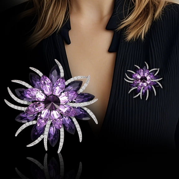 Purple Flower Brooch, Crystal Floral Lapel Pin, Alloy Zirconia, Shiny Wedding Gift, Elegant Dress Accessory, for Women