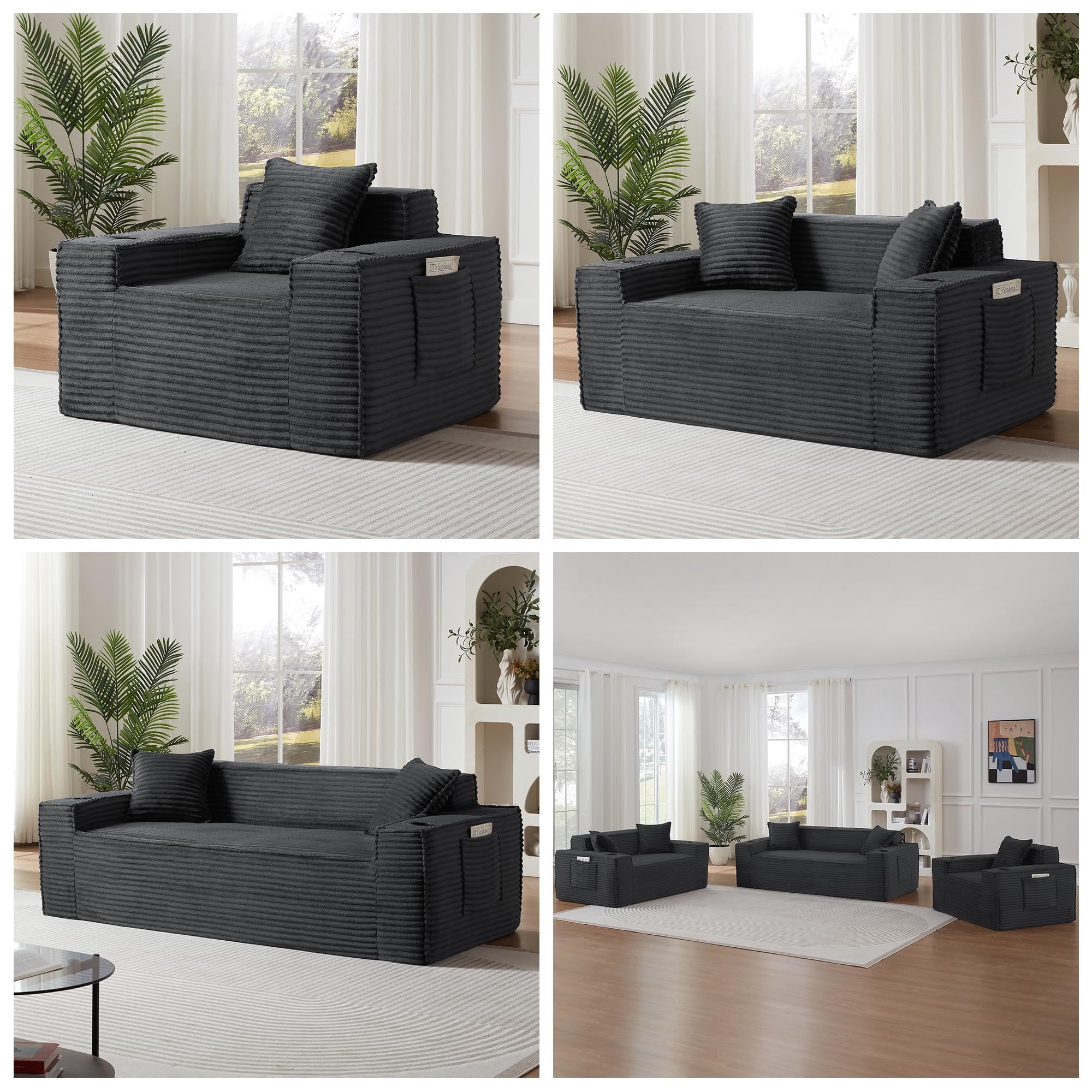 Aukfa 3 Piece Boneless Couch Set, 81" 3 Seat Cloud Sofa for Living Room, 2 Cup Holders&Storage Pocket, Corduroy, Gray