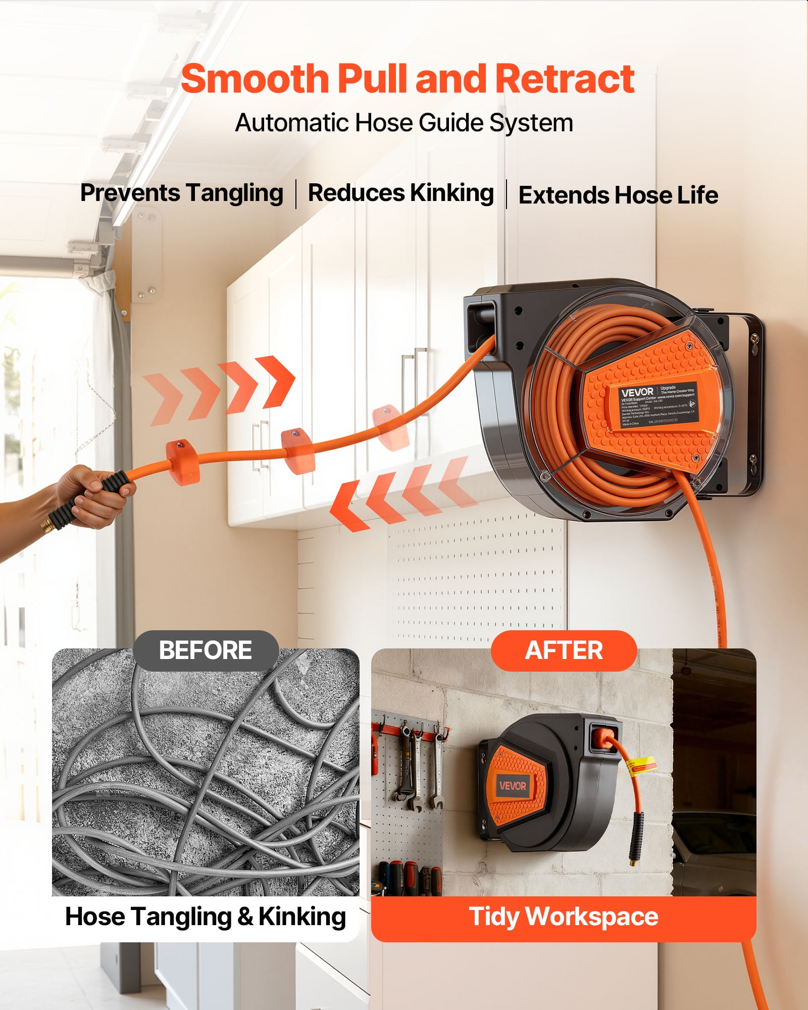 VEVOR Retractable Air Hose Reel, 1/4 Inch x 50 FT Hybrid Air Hose Max 300PSI, Enclosed Air-Compressor Hoses Reel Auto Rewind with 6.6 ft Lead in & Blow Gun, 180° Swivel Ceiling/Wall Mount