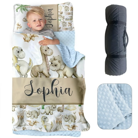 AOLOA Personalized Toddler Nap Mat for Preschool Custom Name Kids Nap Mat with Pillow Cover and Soft Dot Minky Blanket Dinosaur Design Daycare Nap Mats Rolled Slumber Bags Easy to Carry