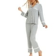thumbnail image 3 of Xfvqtps Womens Pajama Set 2 PCS Top and Pants Solid Color Lace Long Sleeve Long Leg Flip Collar Open Front with Button Cozy Comfortable Soft House Casual Nightwear Gray, 3 of 9