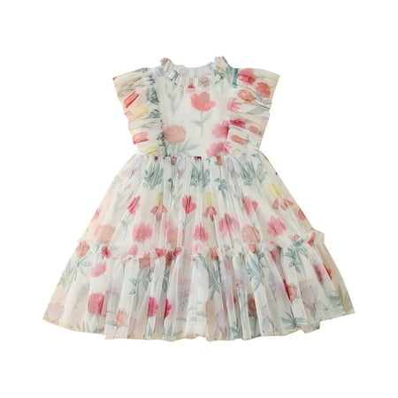 

Kids Girls Toddler Beach Floral Printed Sleeveless Mesh Tulle Princess Girls Dress Clothes