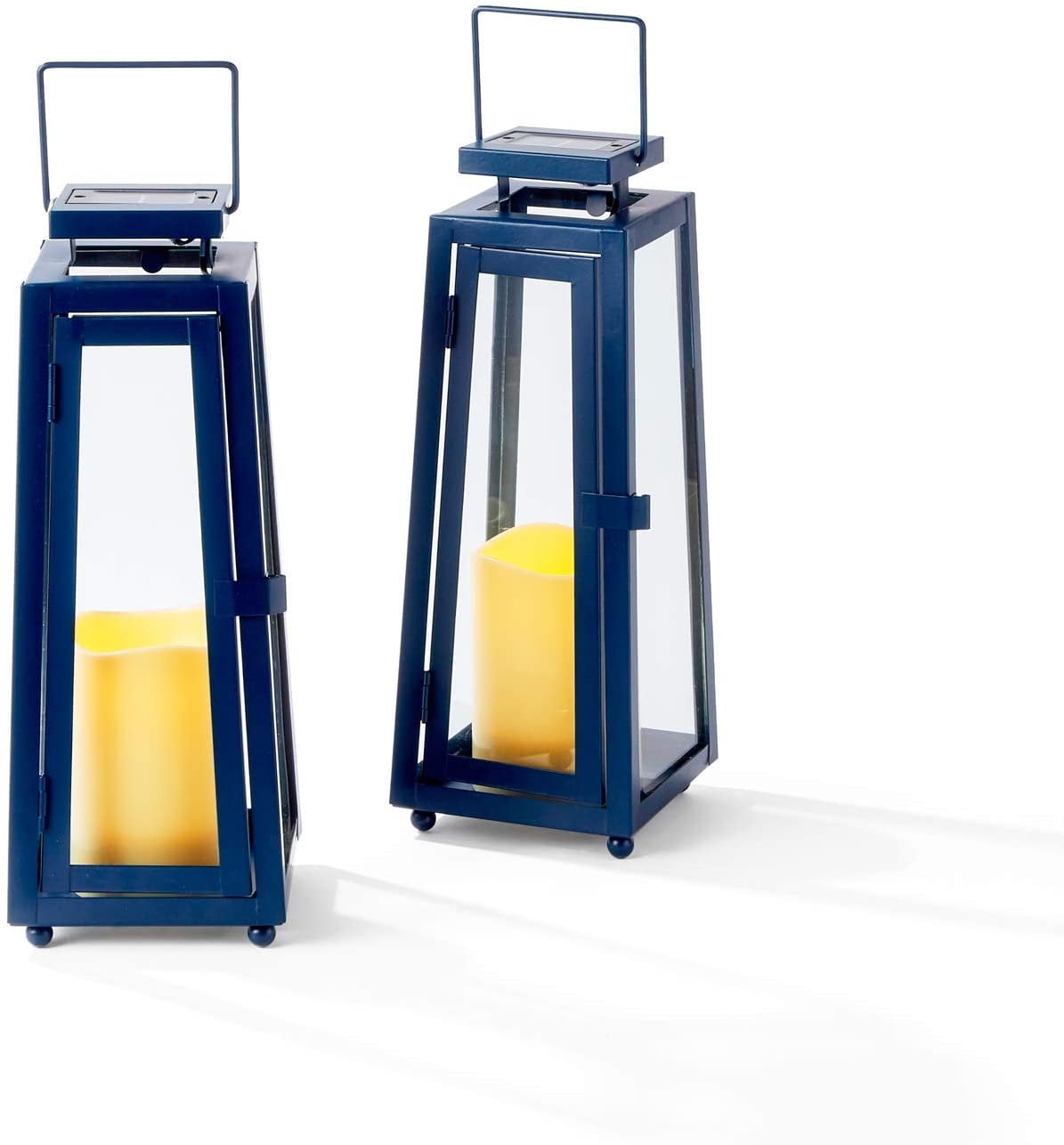 Navy Solar Candle Lanterns 11 Inch Tall, Blue Painted Metal with Glass, Decorative Outdoor