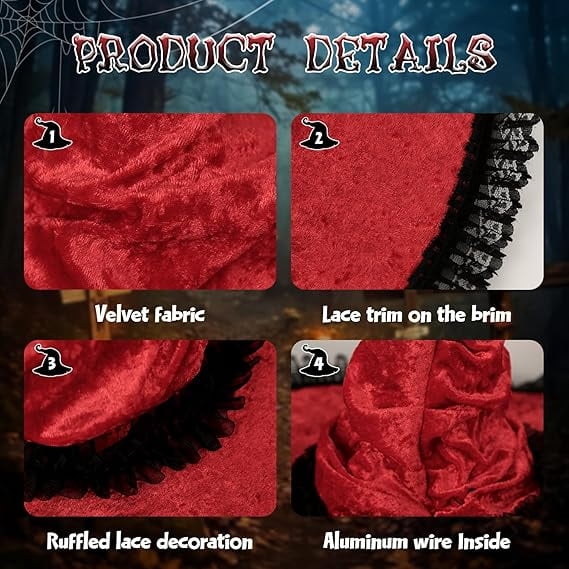 Lace Trim Witch Hat with Wide Brim for Halloween Costume Cosplay