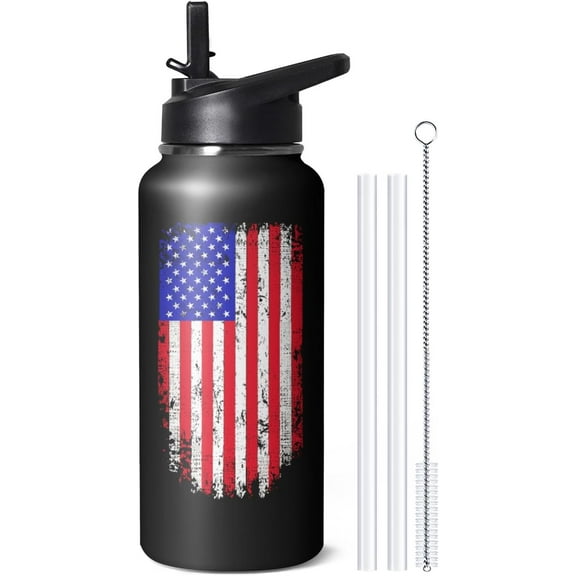 32oz American Flag Water Bottle with Straw - Stainless Steel Insulated Tumbler for Gym, Hiking, Sports - Patriotic Military Gift for Veterans & Police