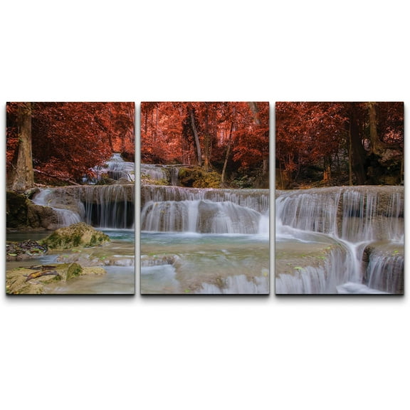 wall26 Canvas Print Wall Art Set Cascading Waterfall in Red Autumn Forest Nature Wilderness Photography Modern Art Rustic Scenic Colorful Vibrant for Living Room, Bedroom, Office - 24"x36"x