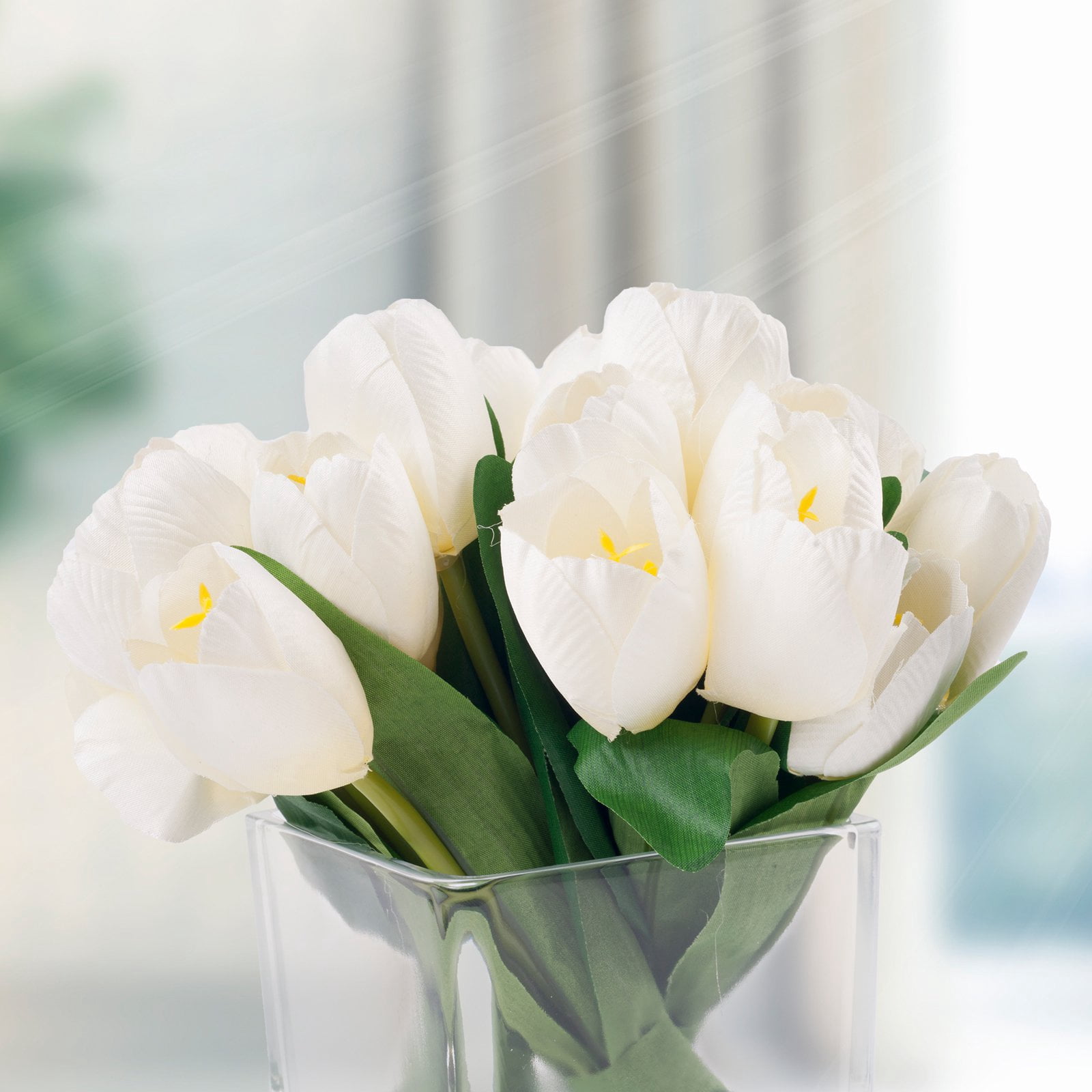Pure Garden  Tulip Floral Arrangement in Vase- 24 Cream Artificial Flowers with Glass Vase - Cream