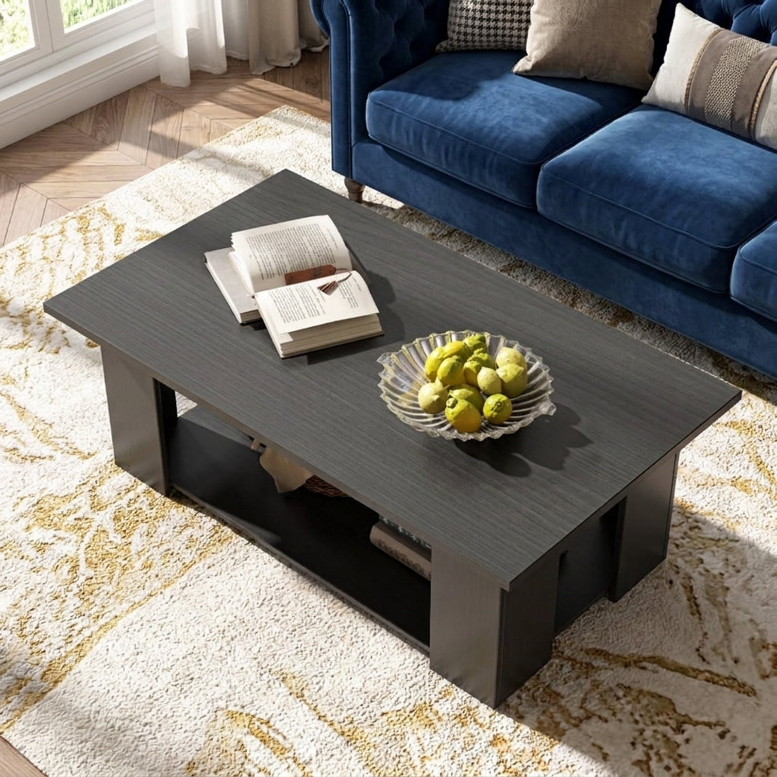 Furnibear Large 36/41 Inch 2-tier Wooden Modern Coffee Table with Storage Shelf - Black - Living Room Cocktail Center Table