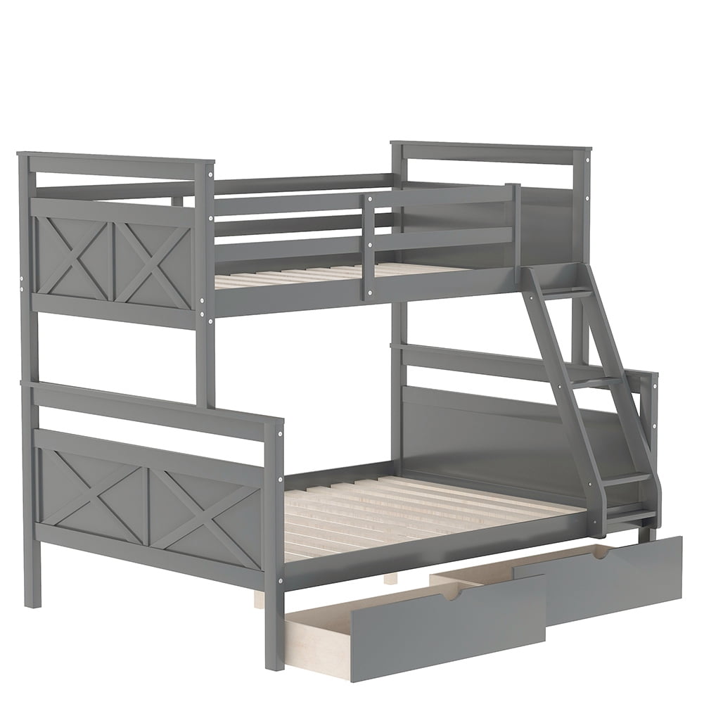 Kadyn Twin over Full Bunk Bed with Ladder, Two Storage Drawers, Safety Guardrail, Gray