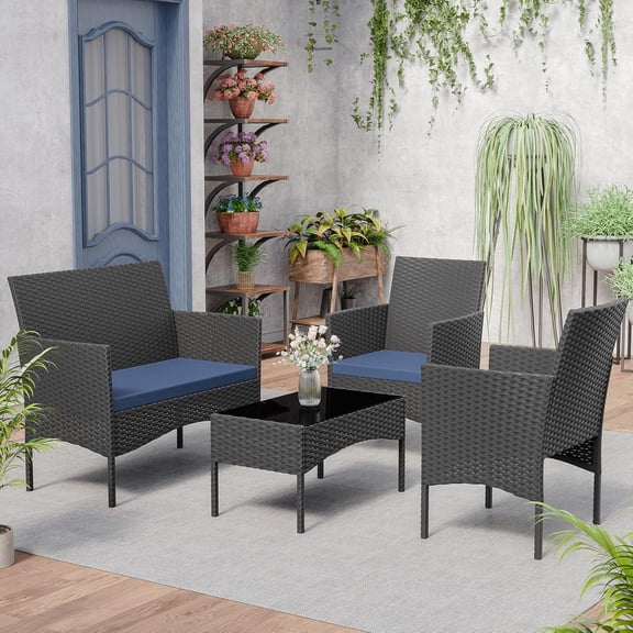 Furniture Set 4 Pieces Outdoor Wicker Rattan Chairs Conversation Sets w/Coffee Table, Rocking Bistro Set, for Deck, , Backyard, Lawn (Navy Blue)