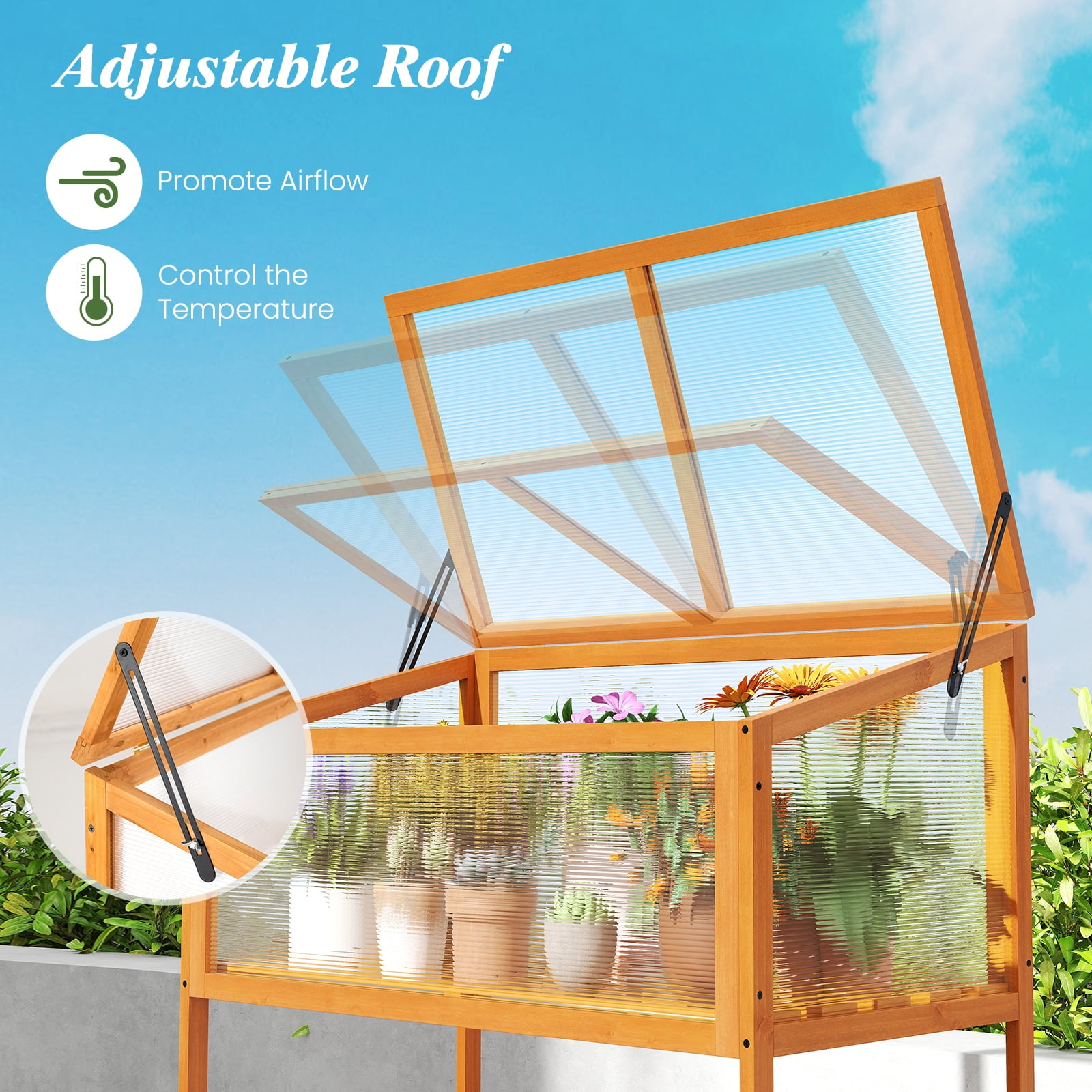 Gymax Wood Cold Frame Greenhouse w/Transparent Openable Roof & Slatted Storage Shelf