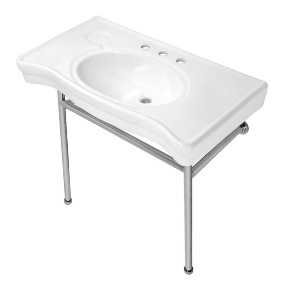 Kingston Brass VPB28140W81 Bristol 36" Ceramic Console Sink with Stainless Steel Legs (8-Inch, 3-Hole), White/Polished Chrome