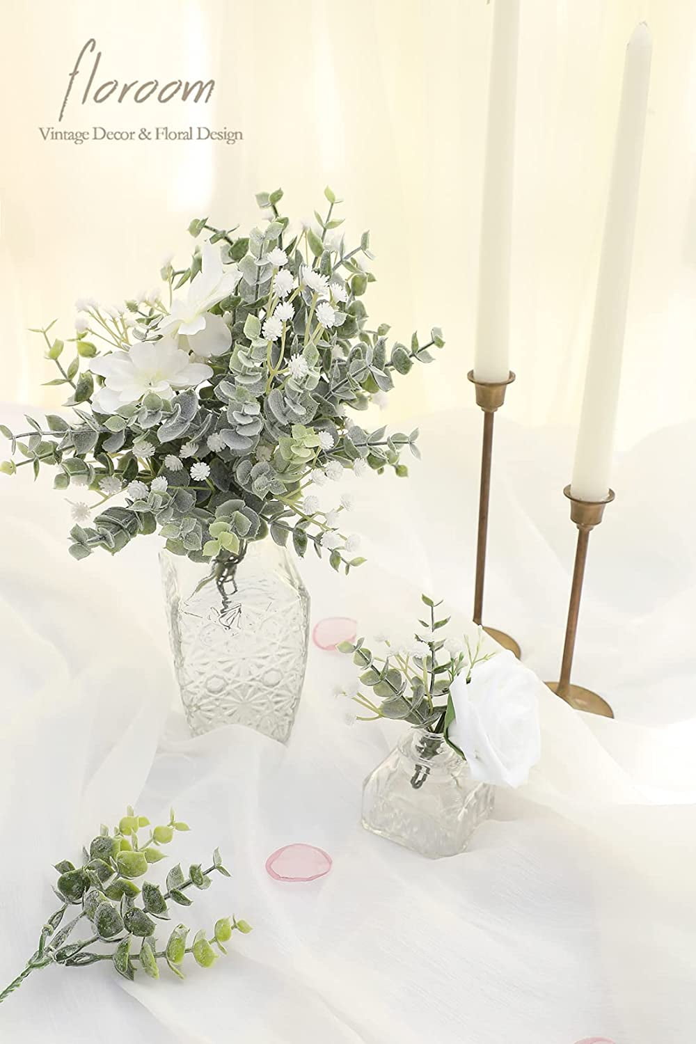 Artificial Flocked Eucalyptus Stems Faux Greenery Spray, 18pcs Best Filler Fake Plants for DIY Wedding Bouquet Centerpieces Arrangement