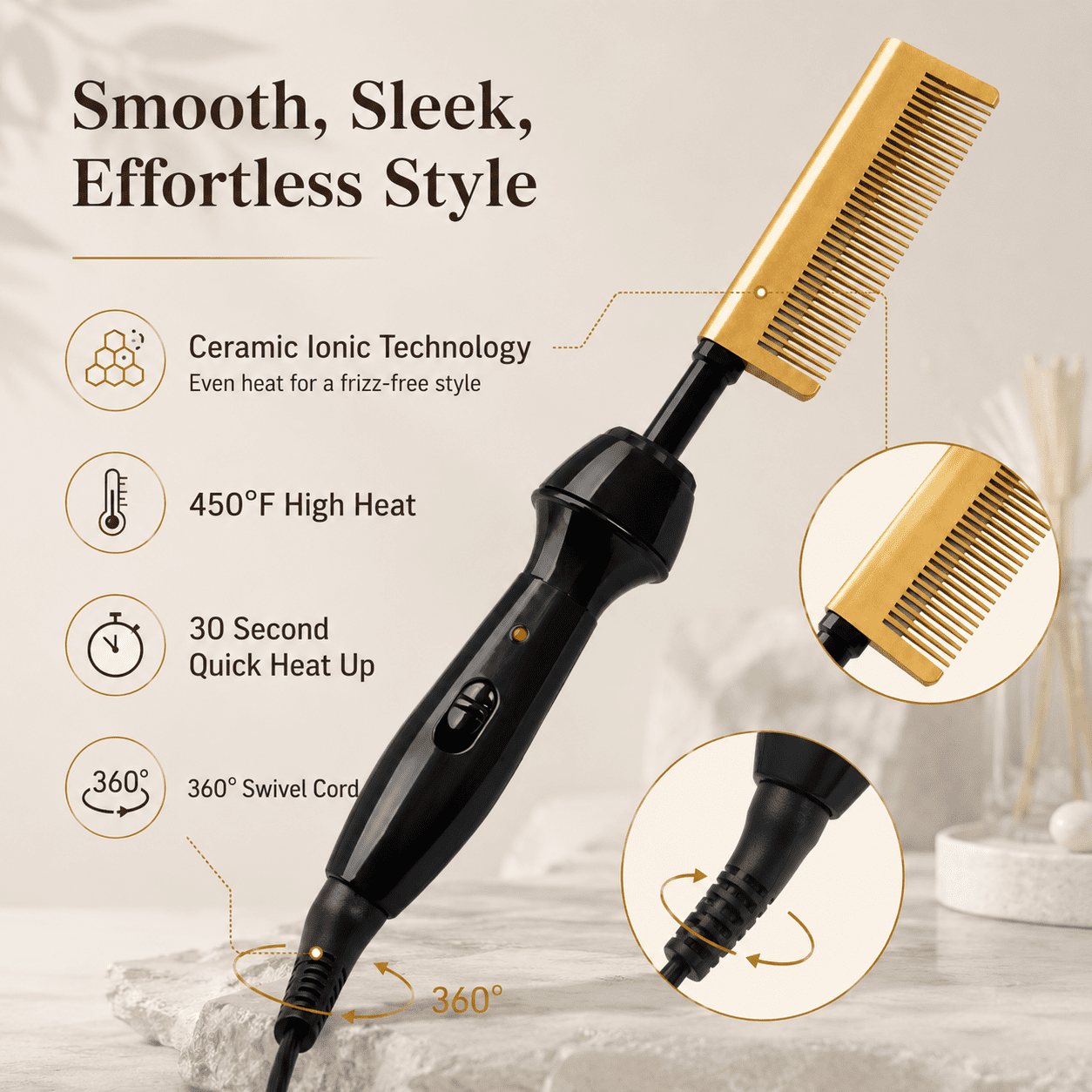 Ceramic Electrical Pressing Comb,Black & Gold