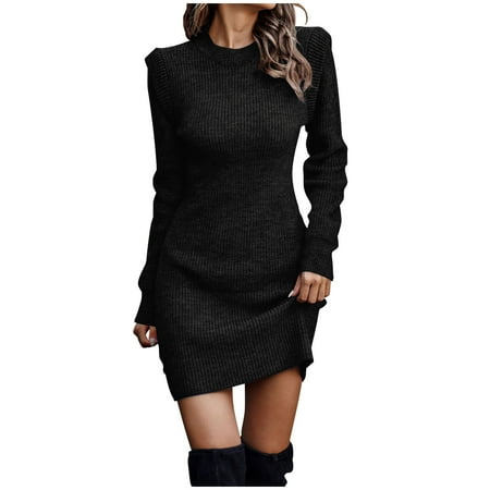 Olyvenn Womens Tunic Hip Wrap Knitted Sweater Bodycon Dress Fashion Classic Solid House Dress Mock Neck Ruched Warm Slim Fit Casual Flowy Smocked Raglan Cap Long Sleeve Prom Dress Black 8