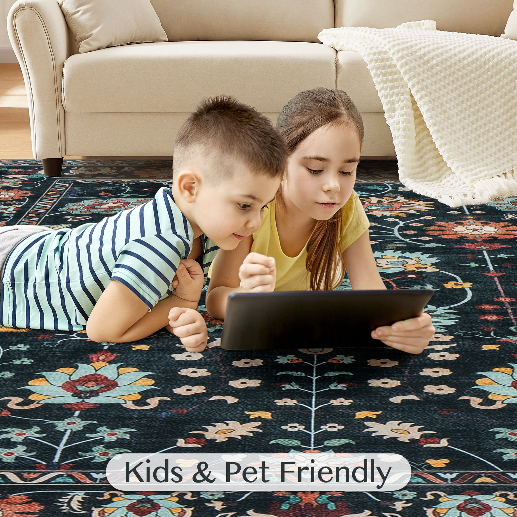 Toyoso 9x12 Area Rug Living Room Rugs - Machine Washable Traditional Floral Rug Non-Slip Classic Farmhouse Entryway Mat for Indoor Front Door, Kitchen, and Home Décor – Black
