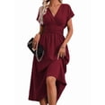thumbnail image 4 of Womens Solid Color Overlap V Neck Batwing Sleeve Waist Pleated Long Elegant Dress Maxi Wine Red M, 4 of 10