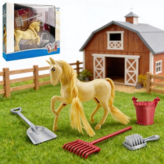 syligr Combable Hair Horse Toy with Grooming Set for Kids Ages 3  Farm Animal Ranch Playset 4x3x1 Inches ABS Plastic Yellow Gray 0.33lb Role Play Pretend Play Gift for Girls