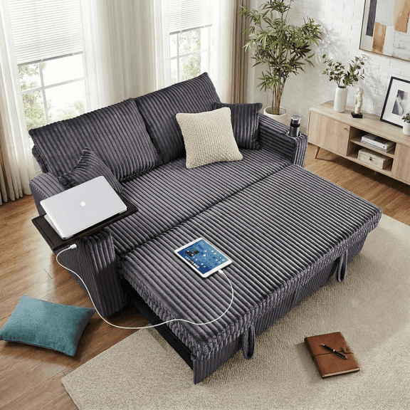 65in Sleeper Sofa Bed, 3 in 1 Convertible Pull Out Couch with Small Table, USB Ports, Cup Holders & 5-Level Adjustable Backrest, Corduroy Loveseat Sofa for Living Room, Bedroom, Apartment (Gray)