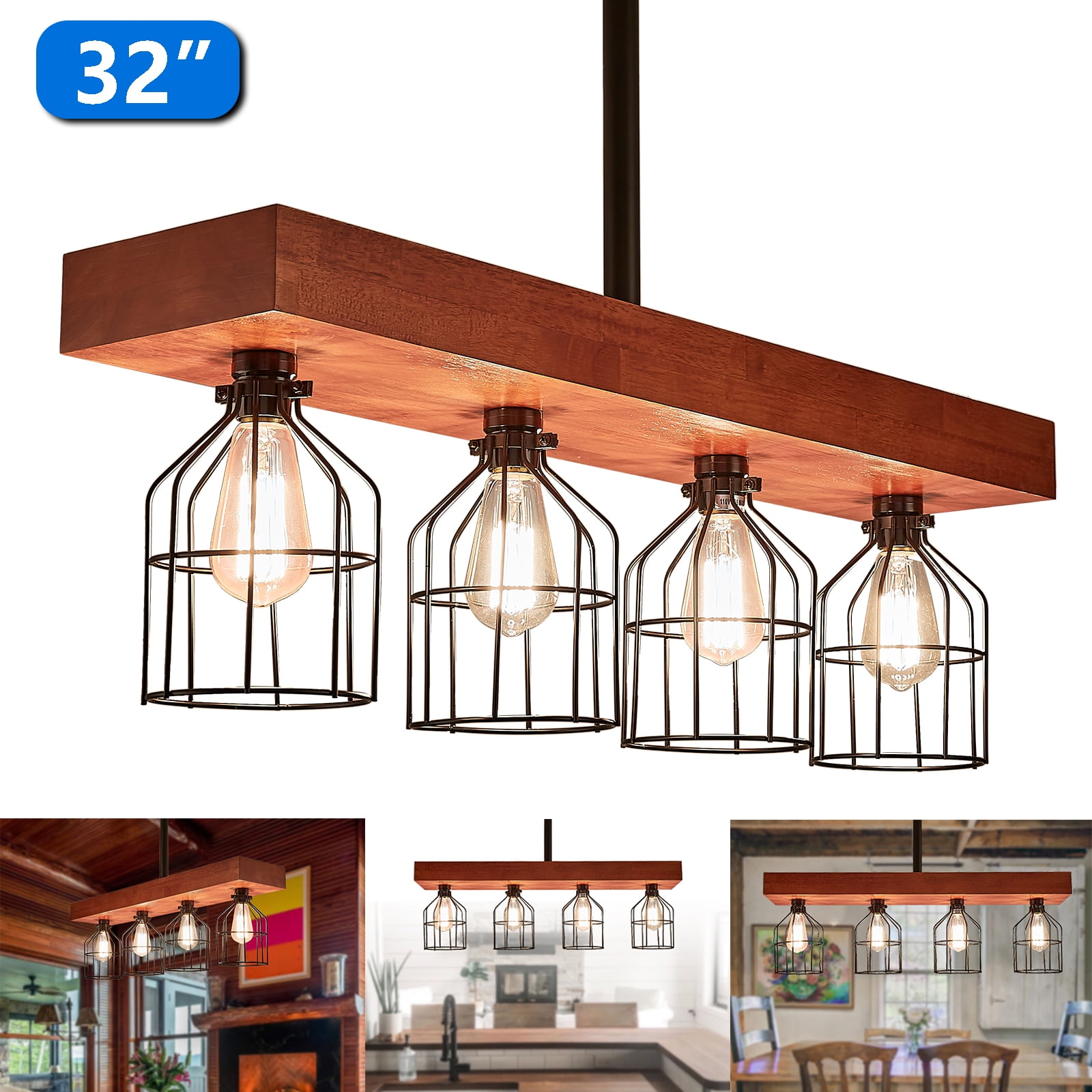 iMeshbean Kitchen Island Lights 4 Lights Farmhouse Light Fixture Semi ...