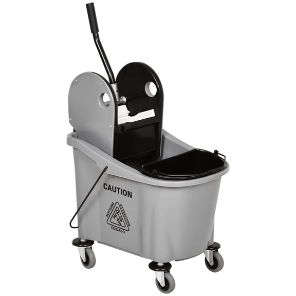 , HOMCOM 9.5 Gallon (38 Quart) Mop Bucket with Wringer Cleaning Cart, 4 Moving Wheels, 2 Separate Buckets, & Mop-Handle Holder, Grey, Gray ,Plastic ,