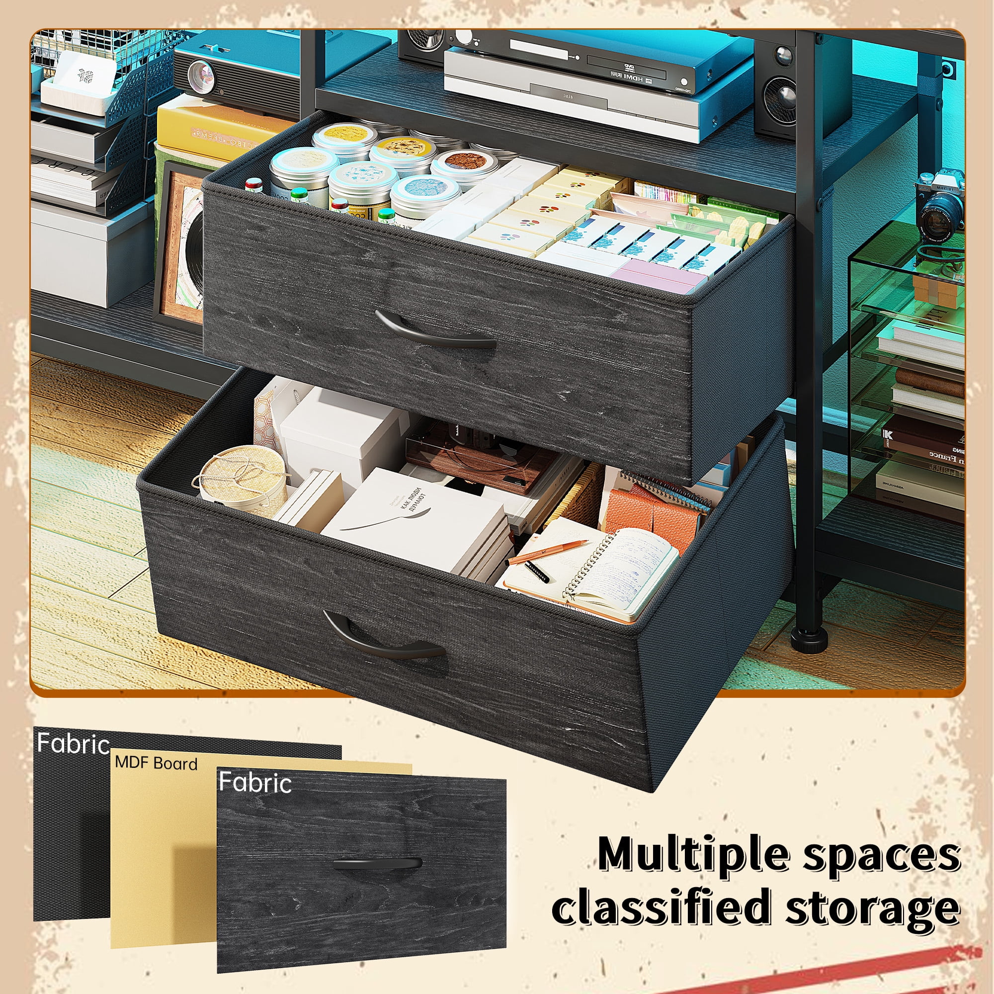 Dresser with Power Outlets & LED Lights Dresser for Bedroom with 2 Drawers TV Stand with Open Storage Shelves,Black