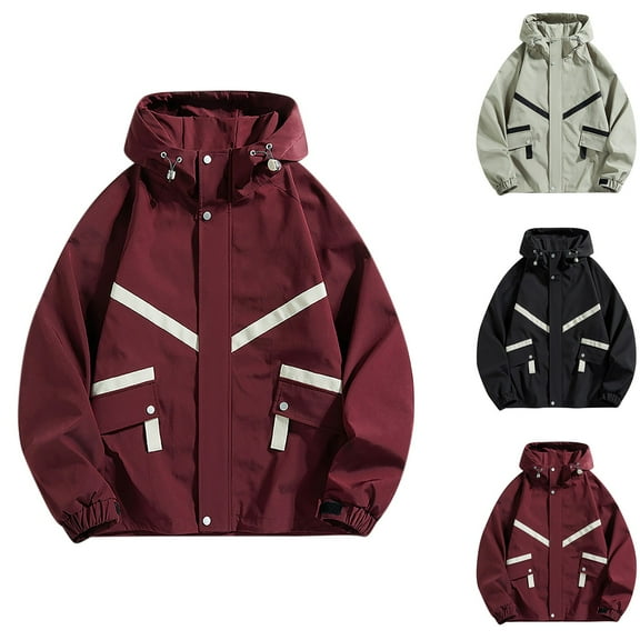 USSUMA Waterproof Jackets for Men Men's Windbreaker Jacket Long Sleeves Hooded Zipper Pocket Coat Trendy Multicolor Loose Outerwear Workout Fall Top