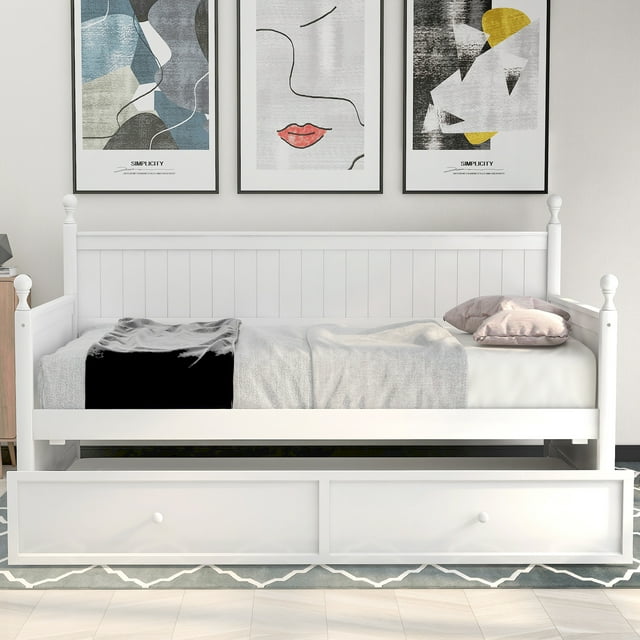 Kepooman Twin Size Modern Wooden Daybed Frame with Twin Size Trundle & Headboard for Bedroom Dorm, 80.5" x 42.1" x 45.41", White