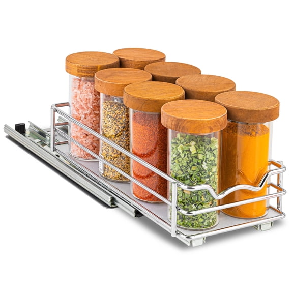 HOLDN’ STORAGE Pull-Out Cabinet Spice Rack Organizer, Heavy-Duty Chrome Metal, 4 ½ W x 10 ½ D x 2 ¾ H Inch