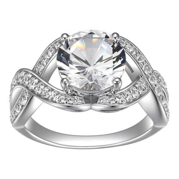 Forever Facets Moissanite Fashion Halo Ring in Rhodium Plated Sterling Silver, Adult Female