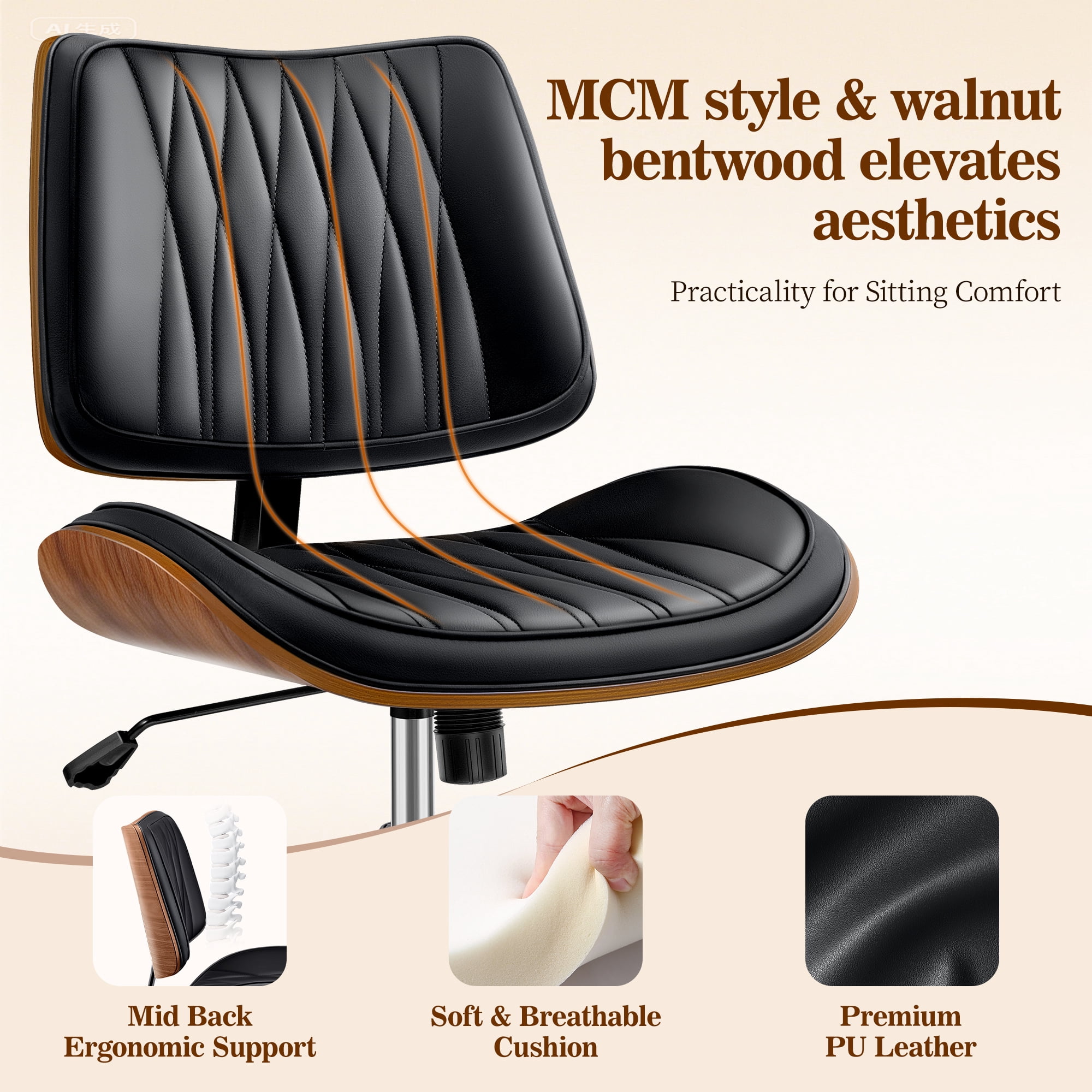 COOLHUT Home Office Chair, Armless Adjustable Height Small Office Desk Chair, PU Leather Swivel Computer Chair, Modern Walnut Bentwood Chair for Office, Reading Meeting Room, Makeup Vanity, Black