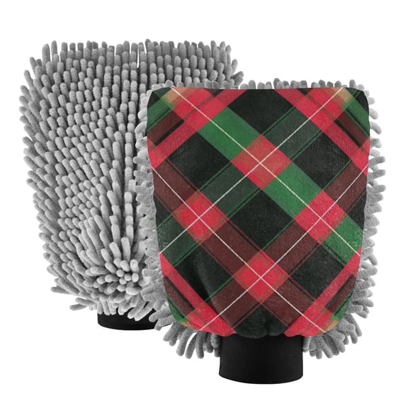 Microfiber Car Wash Gloves With Chenille & Polyester Terry Scratch-Free Cleaning Elastic Cuffs Tartan Plaid