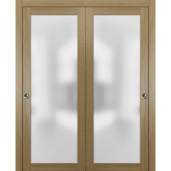 Sliding Closet Bypass Doors with Hardware | Planum 2102 Honey Ash with Frosted Glass | Sturdy Rails Moldings Trims Hardware Set | Modern Wood Solid Bedroom Wardrobe Doors -36" x 84" (2* 18x84)
