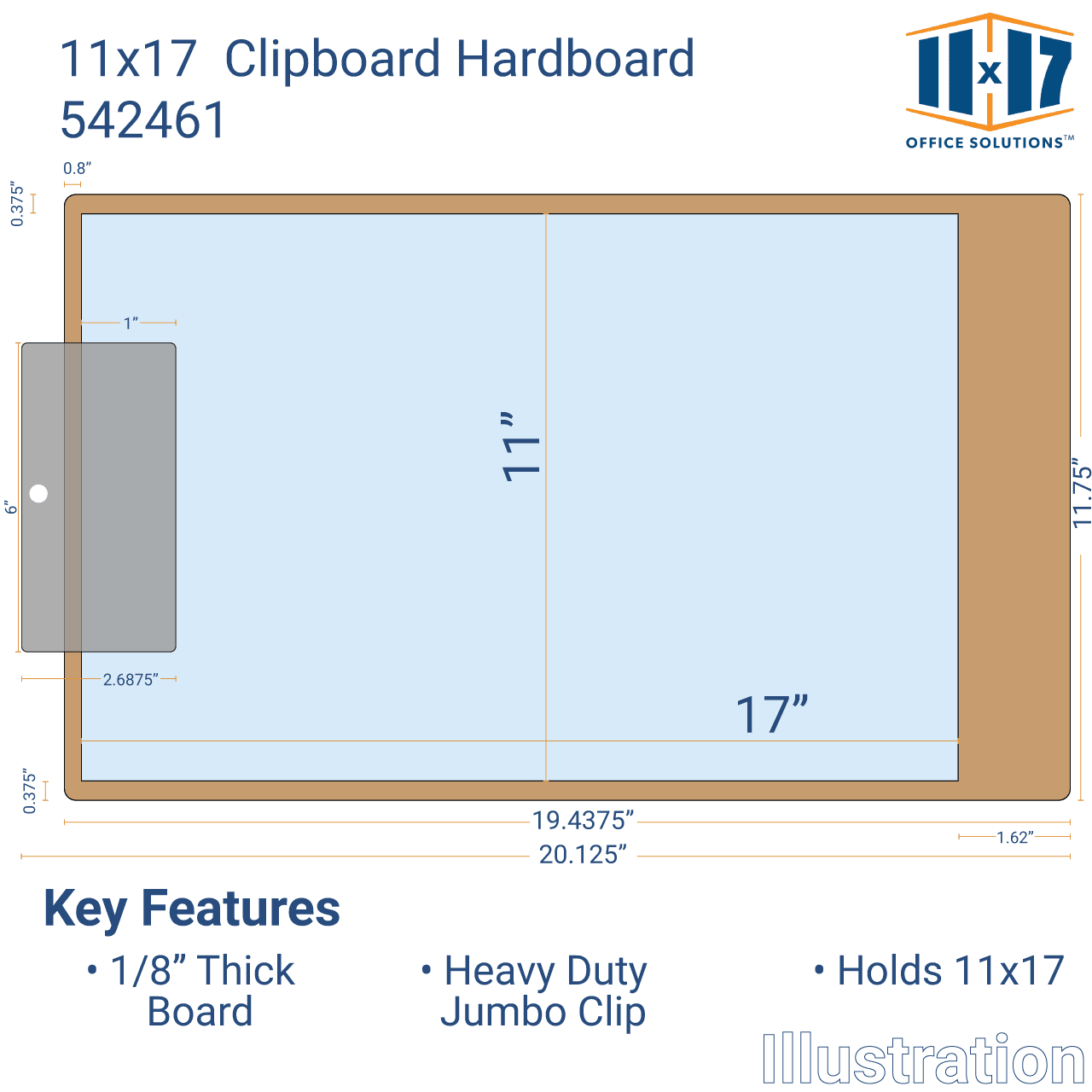 11x17 Hardboard Clipboard with 6" Jumbo Board Clip