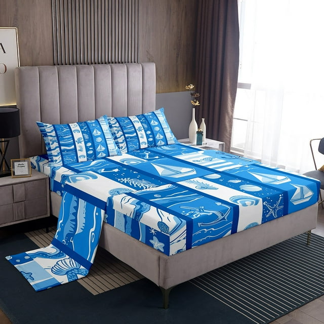 YST Nautical Anchor Bed Sheets,Starfish Seashell Seaweed Pattern Sheet Set,Blue Geometric Stripe Fitted Sheet Lightweight,White Sailboats Bedding Set 3pcs Twin