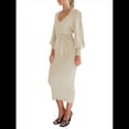 thumbnail image 3 of Vestido Ajustado de Punto para Mujer, Elegante, Retro, con Mangas Acampanadas, Cuello en V, Color Liso, para Vacaciones. Color Albaricoque Arroz S, 3 of 9
