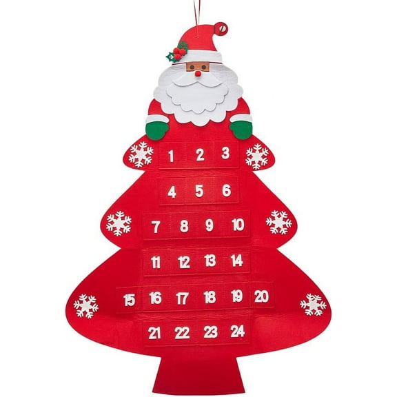 Christmas Tree Fabric Advent Calendar Felt Christmas Tree Fabric Wall Hanging Fibre Xmas Countdown Calendar Gift for Christmas New Year Wall Home Party Decoration Red DIY