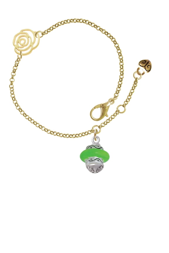 Silvertone Lime Green Center Spinner Gold-tone Rose Link Chain Bracelet, 6.25"+1.75" Extender