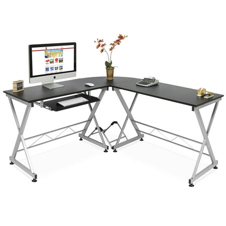 Bestar Prestige L-shaped Workstation - Best Choice Products Modular 3-Piece L-Shape Computer Desk Workstation for Home, Office w/ Wooden Tabletop, Metal Frame, Pull-Out Keyboard Tray, PC Tower Stand - Black