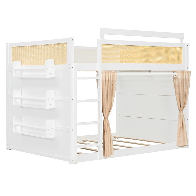 Full-Over-Full Bunk Bed with Bedside 3-Tier Storage Bookshelf, Teens/Kids Rattan Guardrail Bed Frame with Curtain & Light