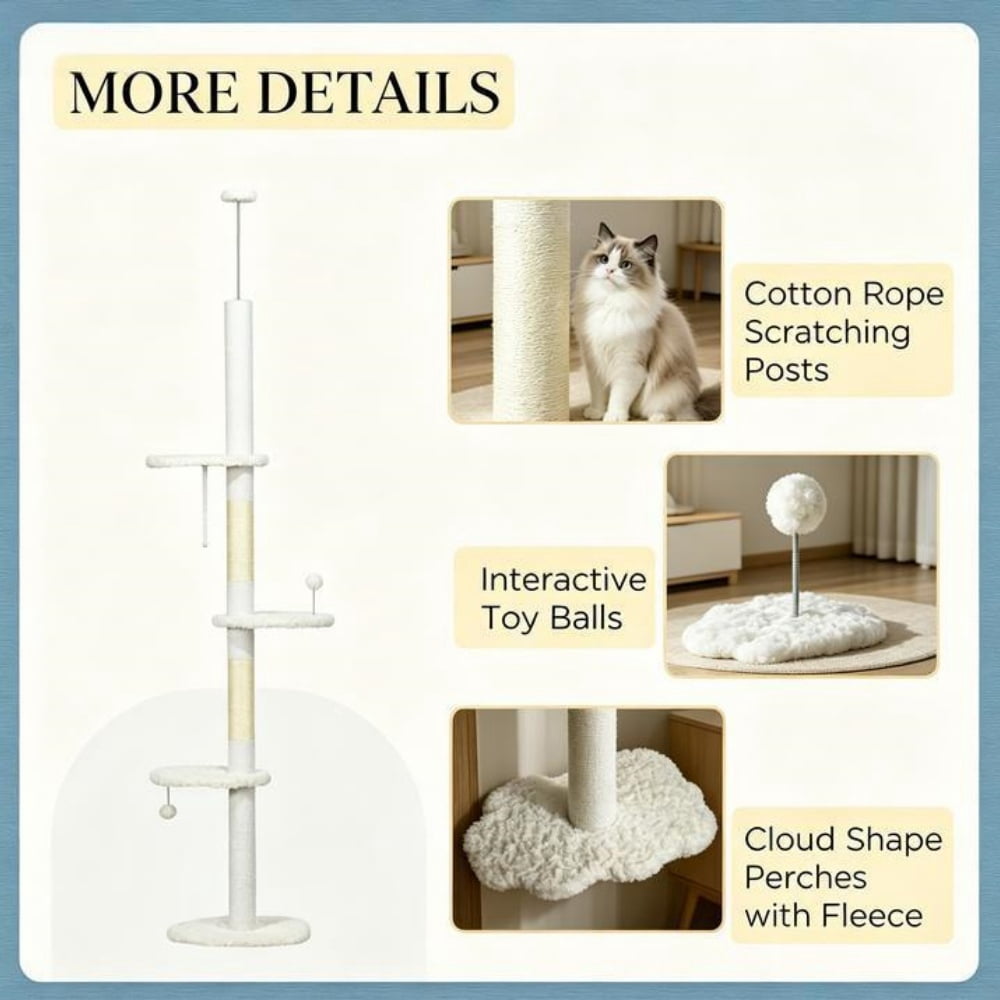Tall Cat Tree for Small Cats (Under 10 lbs), 88.5"-100.5" Height-Adjustable (Tension Rod), Plush Fleece Cat Tower with Sisal Scratching Posts, Cloud Perches & Toy Balls