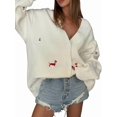 thumbnail image 3 of Women'S Fall Graphic Embroidery Button Down Cardigan V Neck Cozy Funny Knit Cardigan Sweater Jacket Coat Zy5126 White L, 3 of 7