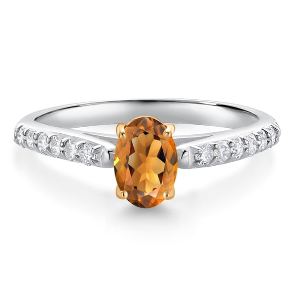 Gem Stone King 10K White and Yellow Gold Orange Red Madeira Citrine and White Lab Grown Diamond Engagement Ring for Women (0.88 Cttw, Oval 7X5MM, Gemstone Birthstone, Size 9)