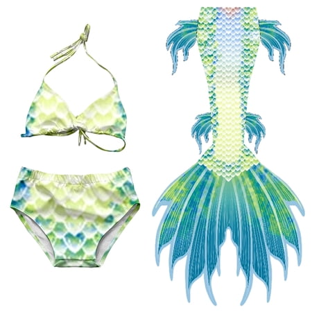 Lkhaha Girls Swim Suits Fish Scale Print Halter Lace Up Bikini Tail 3 Piece Set Athletic Swimwear Mint Green 7-9 Years