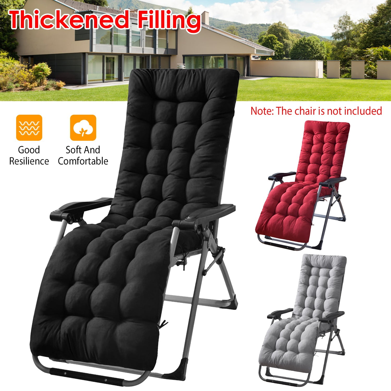 TeqHome 71x22x4in Chaise Lounger Cushion Recliner for Patio Furniture, Deck Chair Cushion for Outdoor Indoor Home Office Black