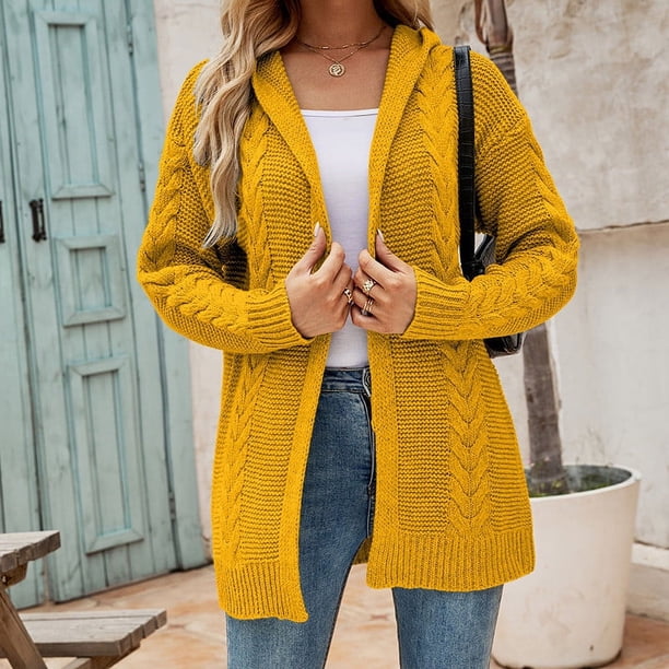 Cárdigan informal de color liso con capucha para mujer, tejido de punto con giros de masa, abrigo cálido para mujer