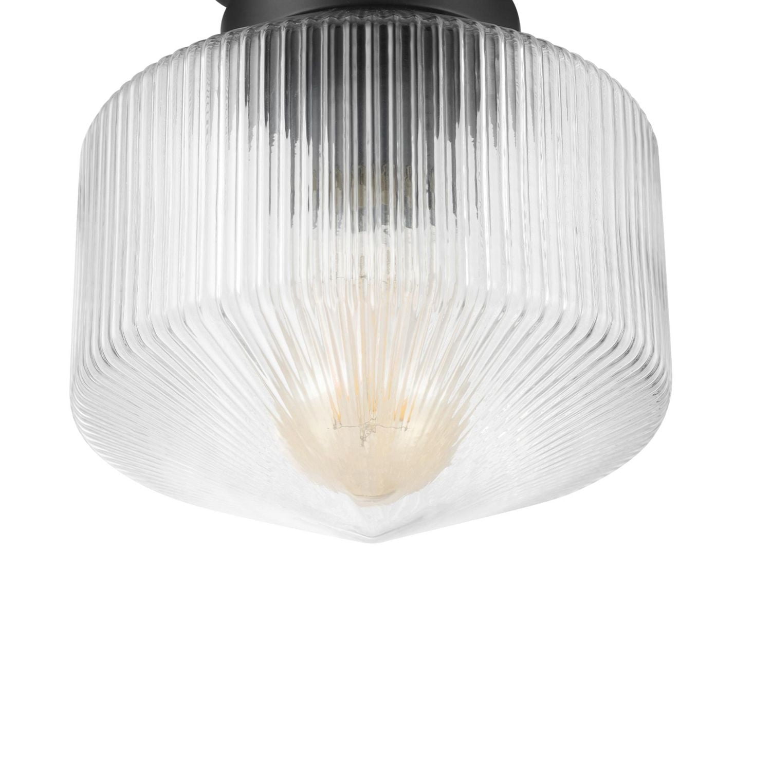 1-Light Matte Black Flush Mount Ceiling Light with Ribbed Glass Shade