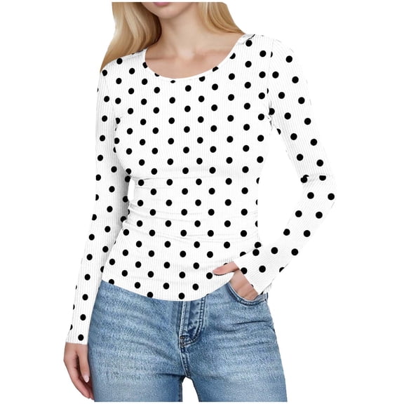 UTSJKR Women Polka Dot Tops Casual Long Sleeve Crewneck Y2K Crop Tops Dots Print Stretch Slim Fit T Shirts White S