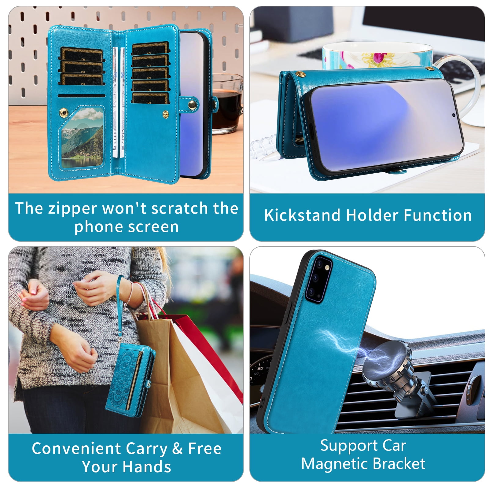Asuwish Phone Case for Samsung Galaxy Note 20 5G Zipper Wallet Detachable Cell Cover with Tempered Glass Screen Protector Strap Flower Flip Card Holder Slot Note20 Notes 20s Twenty Not S20 Women Blue